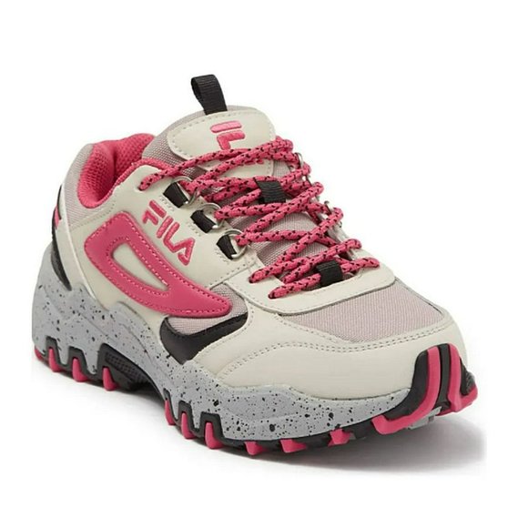 Fila Shoes - FILA Women's Lace Up Leather Accent Sneaker Size 8.5 Gray Beige Black Pink